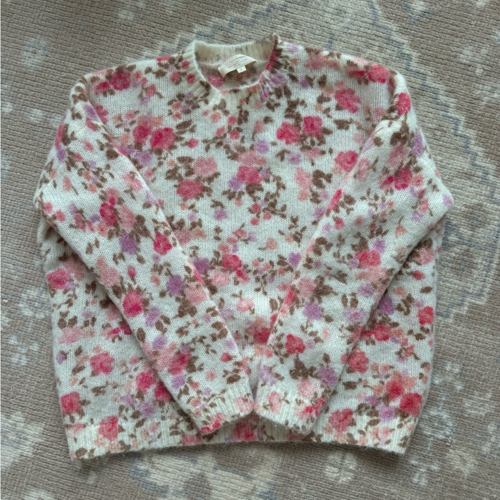 Sezane Cream Crewneck Sweater with Pink and Brown Floral Print